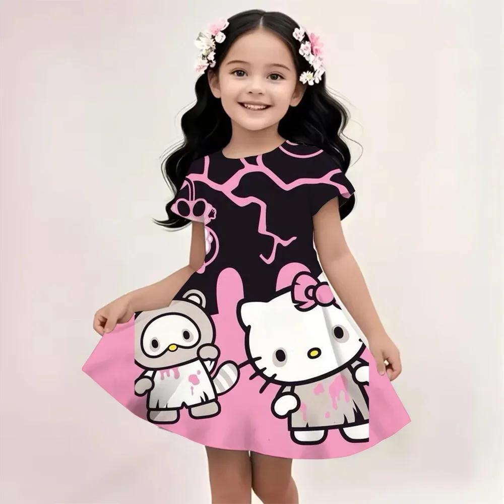 Sanrio Hello Kitty и Друзья 2025 Лето Для Детей 3-14 Лет Девочки Дышащее Имитация Хлопка Короткий Рукав Платье 100