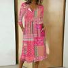 Women's Fashionable Color Printed Round Neck 3/4 Sleeve Button Collar Mid Length Casual Dress