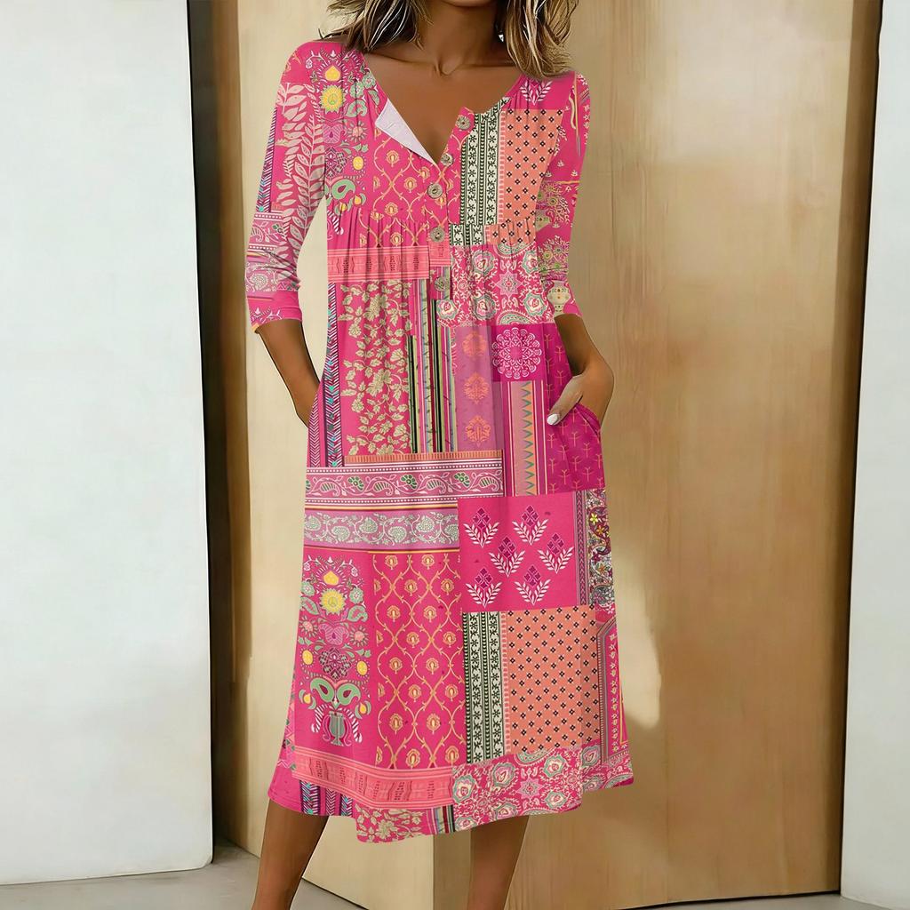 Women's Fashionable Color Printed Round Neck 3/4 Sleeve Button Collar Mid Length Casual Dress