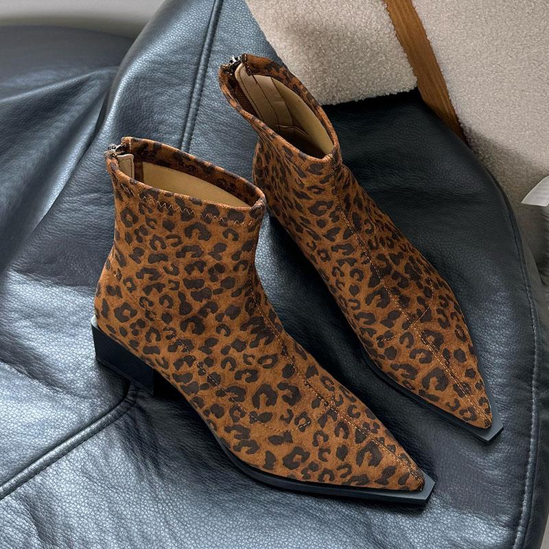 Mode Mode Flock Schuhe Damen Stiefeletten mit Reißverschlüssen Schuhe Spitzschuh Damen Kurze Stretch Stiefeletten Damen Absatzschuhe