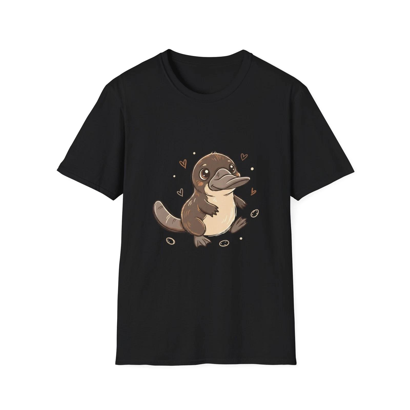 Cute Platypus Kawaii Animal Cartoon Black Tee Hand-Drawn Graphic T-Shirt S