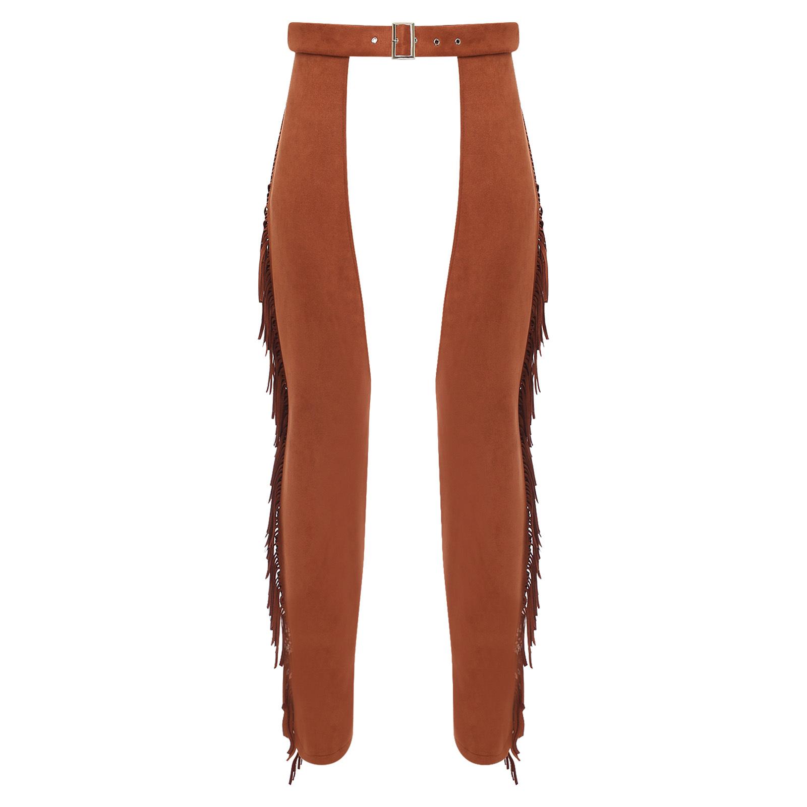 Yunduantong-Adult Heren Western Suède Franje Cowboy Broek met Open Kruis Detail voor Halloween Verkleedfeest Kostuum M bruin
