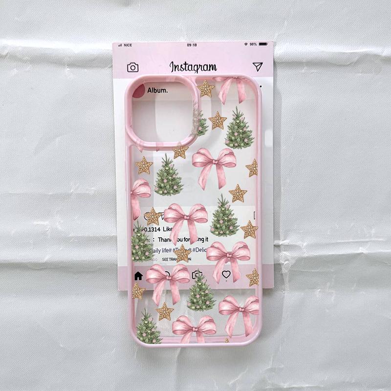 Cute Pink Bowknot Bow Phone Case for IPhone 16 17 15 14 13 12 11 Pro Max 13 12 7 8Plus Cartoon Christmas Style Clear Pink Cover