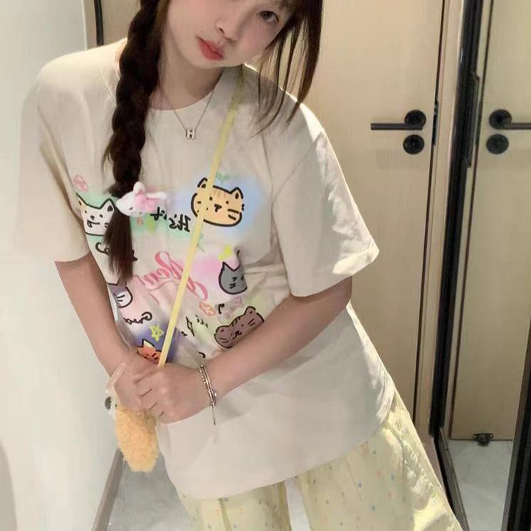 Harajuku lovely cartoon Short Sleeve T-shirts for Women Summer pure cotton Casual oversized T Shirt Women's Streetwear Y2k Tops