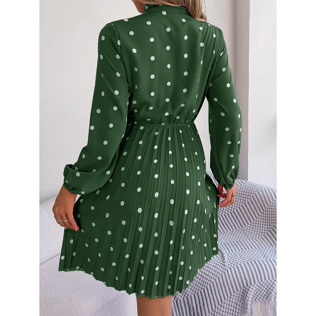 GMXIA Autumn and Winter Stylish Polka Dot Tie Waist-cinching Long-sleeved Pleated Skirt Women's Wear
