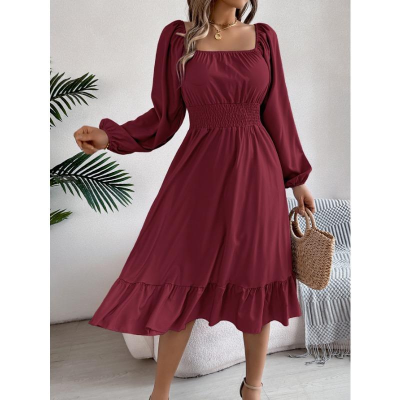 

Женское весенне-летнее повседневное однотонное платье с квадратным воротником и длинными рукавами, защипнутой талией XL бордовый