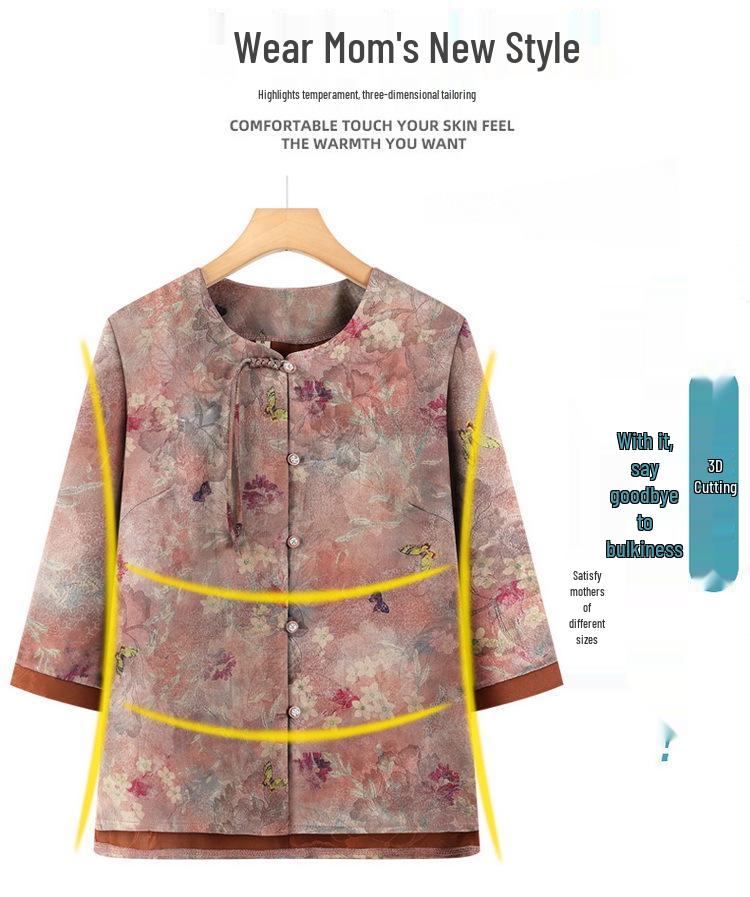 Summer Chinese Style Plus Size Top for Elderly Women - Loose Three-Quarter Sleeve Shirt