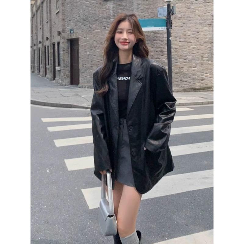 

Женский черный винтажный блейзер из искусственной кожи, весенне-осенний, ретро, стильный, элегантный, оверсайз куртка XL чёрный