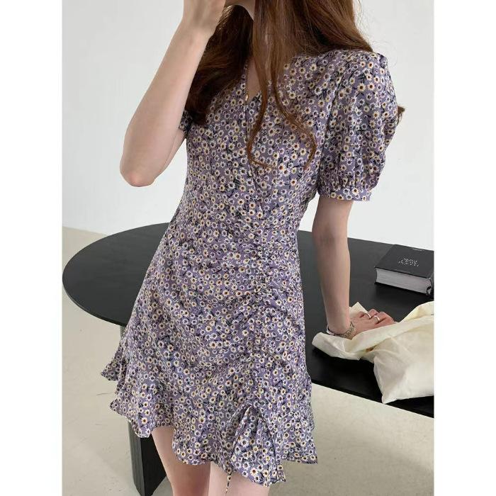 Floral dress women's French bubble sleeves summer new waist drawstring small daisy fishtail short skirt