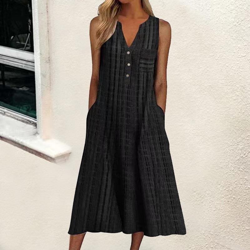 Summer Fashion Print V-neck Plus Size Dress Women Pocket Striped Sleeveless Casual Dresses Women Solid Elegant Loose Dress Lady 24260