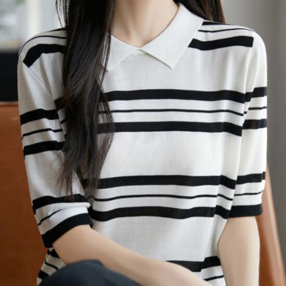 Navava Women S caSual Striped Collar Short Sleeve Knit Tee Nk2951