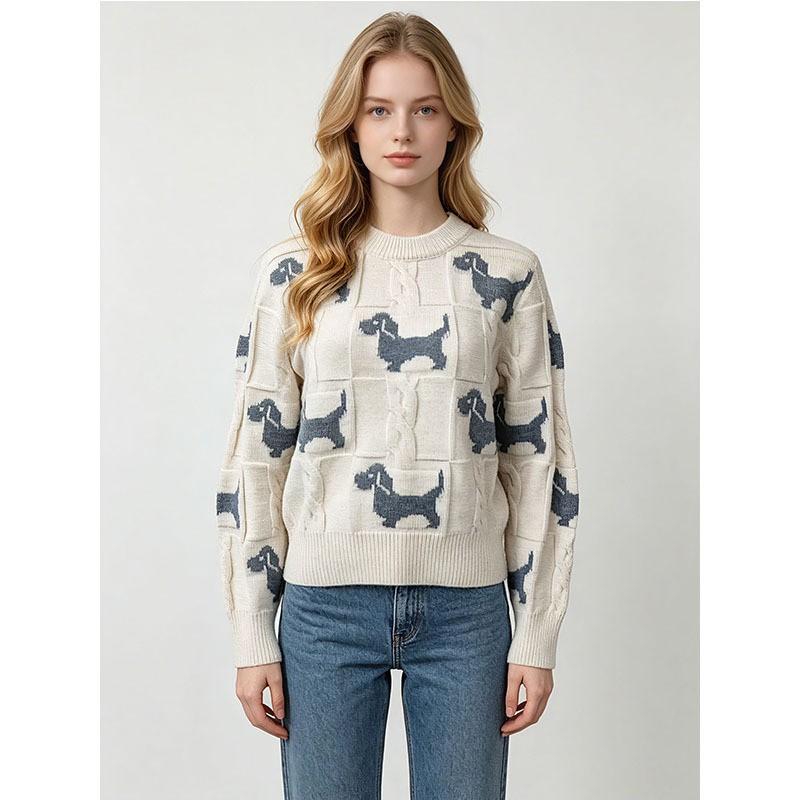 Womens Winter Jacquard Cable Knit Sweater Loose Fit Round Neck Long Sleeve Soft Nylon Pullover