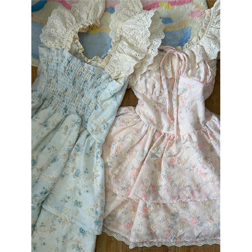 Sweet Spice Girl Blue Flying Sleeve Floral Dress Female Small Summer Waist Fluffy Short Skirt Student Cake Dress