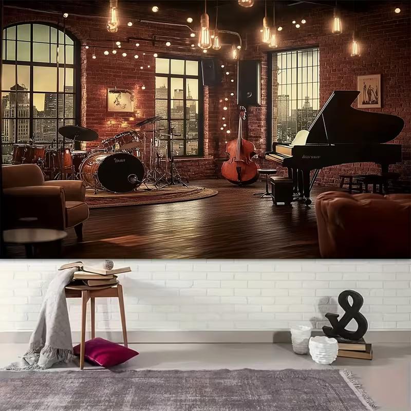2D Retro Music Studio Backdrop Jazz Band Photography Background