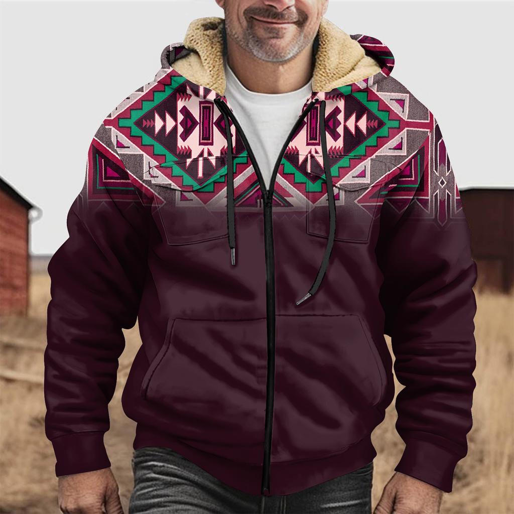 Vinter dragkedja för män med huva i fleecetröja med patchficka Casual jacka