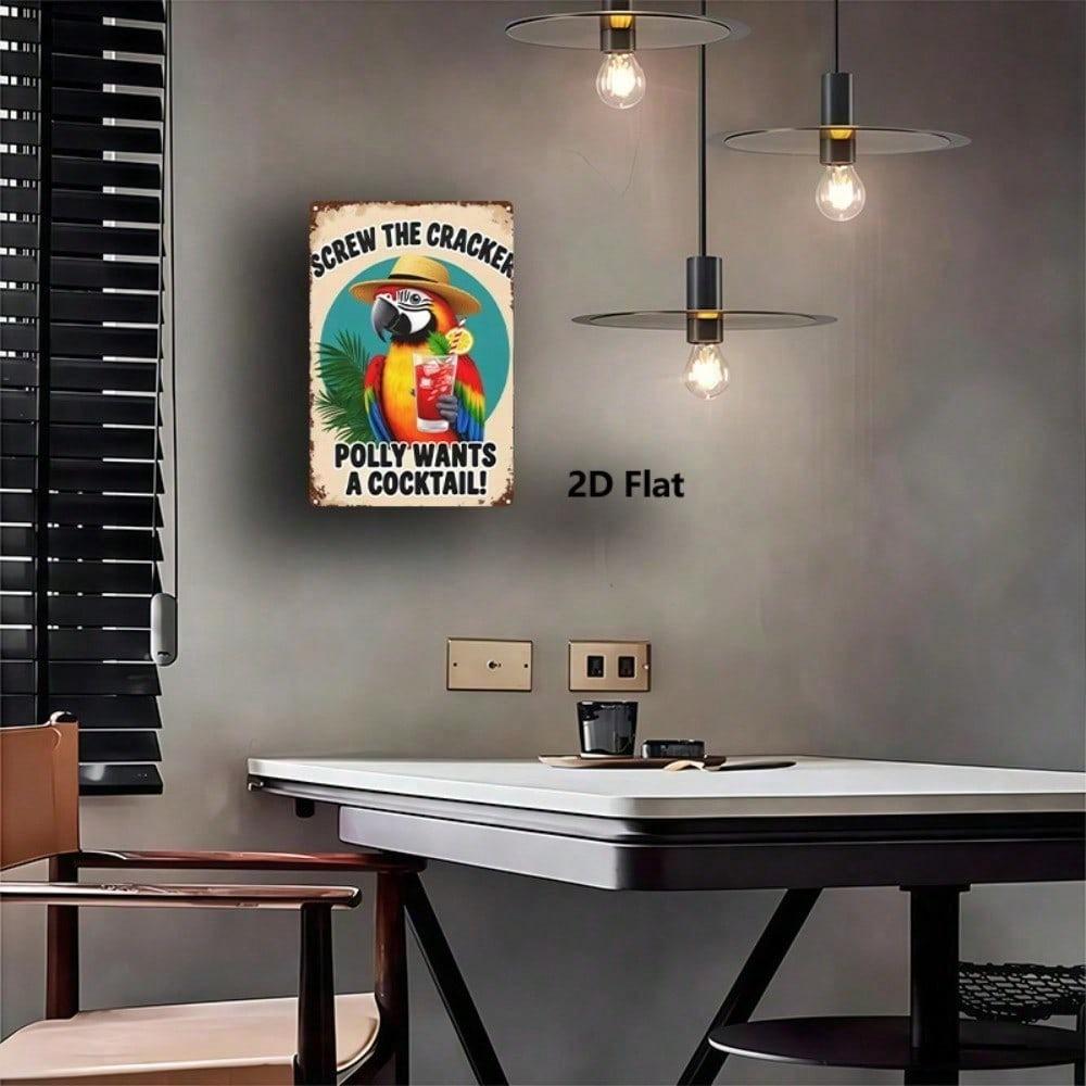 Vintage Parrot with Cocktail Metal Sign, 8x12 Inch Distressed Wall Art for Home, Office, Gym, Bedroom Decor
