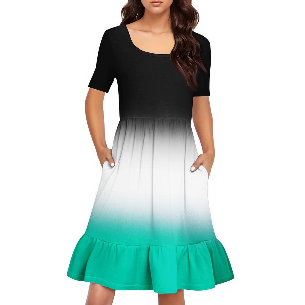 Dámské ležérní šaty s kulatým výstřihem a krátkým rukávem, volný pas, plisované šaty, plisované šaty v pase