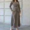 European and American Women's Clothing New V-neck Long-sleeved Side Belt Waist Top Wide Swing Split Skirt Set