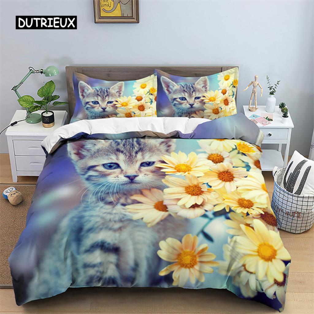 3D Cat Print Duvet Cover Floral Bedding Set Twin Full For Kids Girls Boys Room Decor Luxury Microfiber Funny Animal Quilt Cover