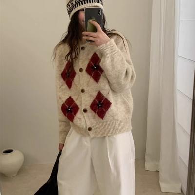 Retro Contrasting Color Rhombus Sweater Jacket Women's Autumn and Winter New High-end Loose Soft Waxy Round Neck Knitted Cardigan