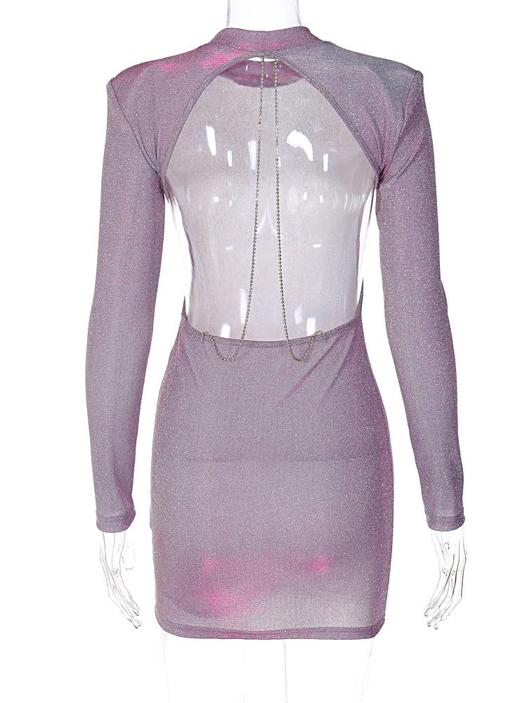 Women, Spring Autumn, Sexy, Backless, Chain, Glitter, Party, Elegant, Outfits, Long Sleeve, Mini Dress
