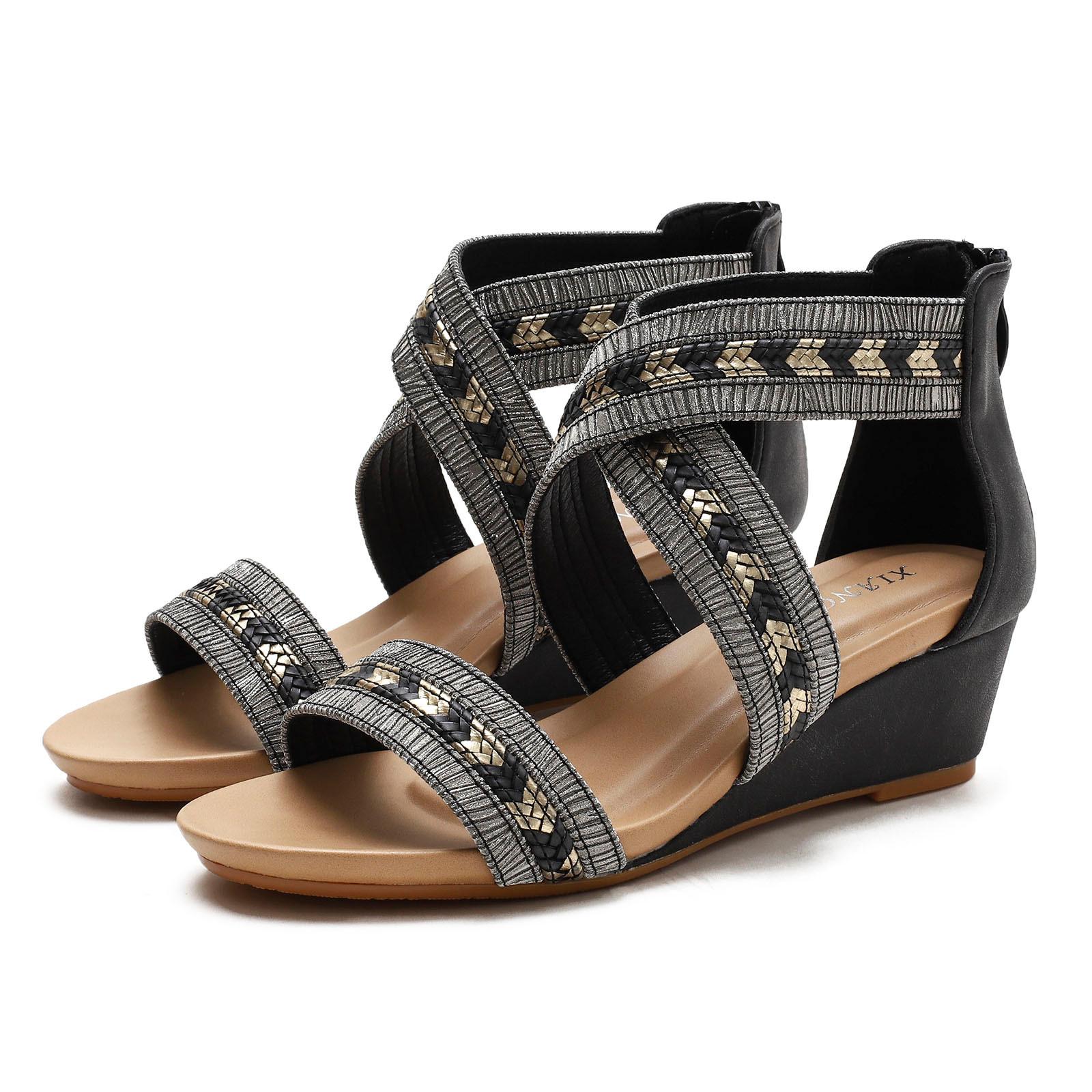 

Leather Sandals For Women Wide Width Fashion Spring Summer Women Sandals Mid Heel Wedge Back Zipper Open Toe Sandalias Mujer 40 чёрный