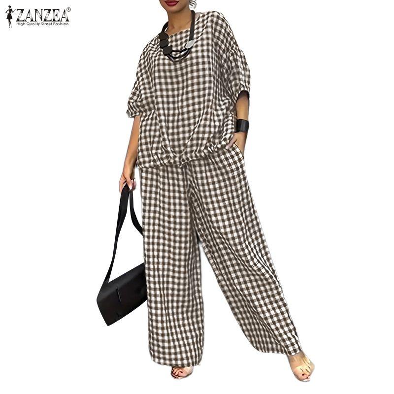 ZANZEA Women 3/4 Sleeve Blouse and Pants Casual Plaid Print Two Piece Suit Sets