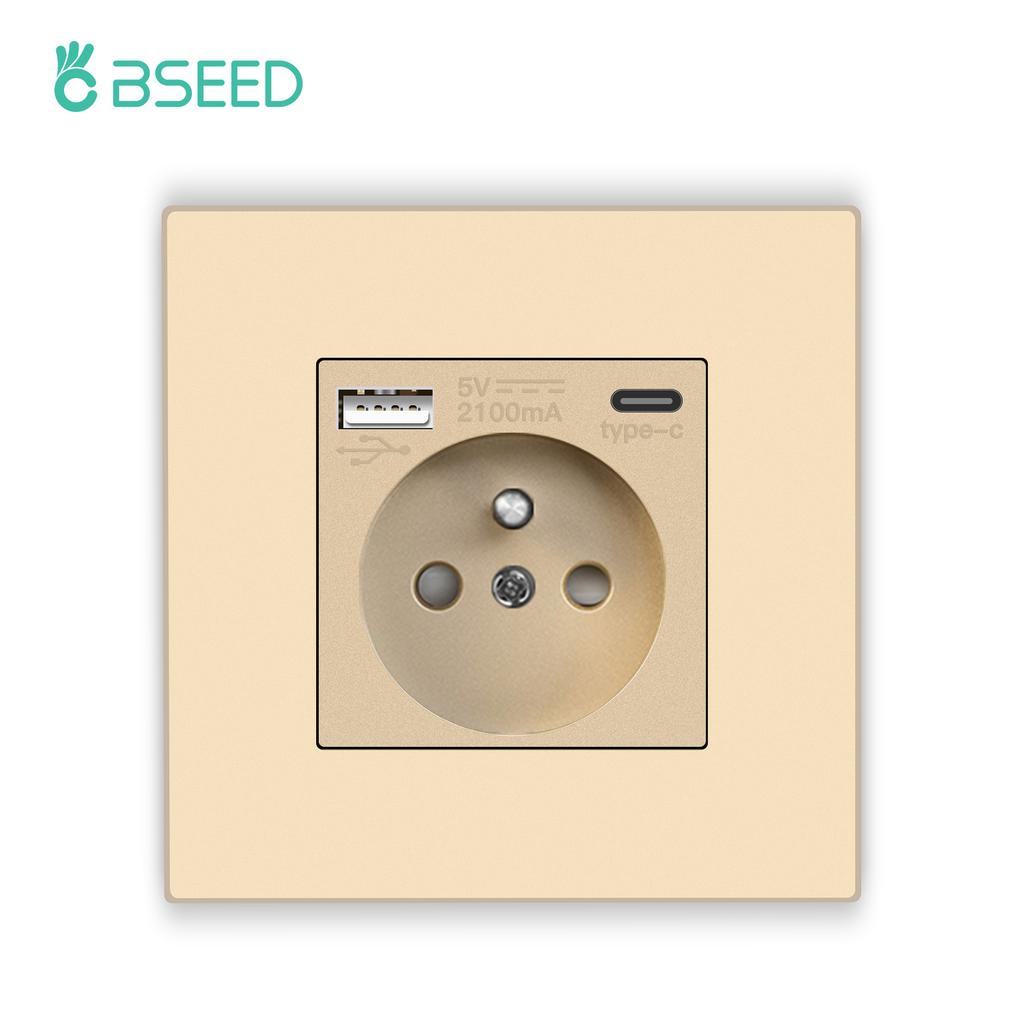 Bseed France Standard Socket With Usb Charging Port and Type c 2.1A 16A Gray PC Panel 86mm*86mm Plastic Flame Wall Socket