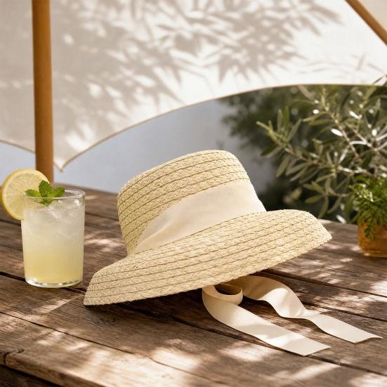 Children Straw Hat, Ribbon Bowknot Decor Wide Brim Beach Hat, Furry Trim Round Shape Summer Hat for Outdoor Play Travel