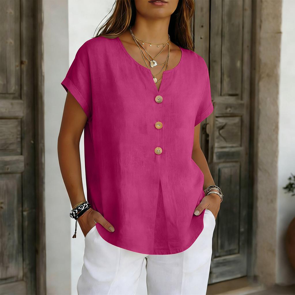 Summer Basic Blouses Women's Shirts Solid Color Casual Short-Sleeve Cotton Linen Fashion Plus Size V-Neck Loose Button Tops