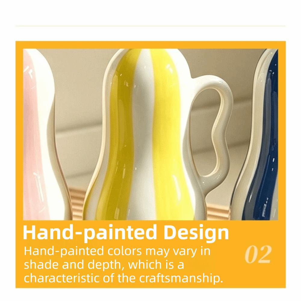 Striped Pattern Ceramic Oil Bottle with Handle Ergonomic Grip Olive Oil Dispenser Painted Pattern Underglaze Embossed