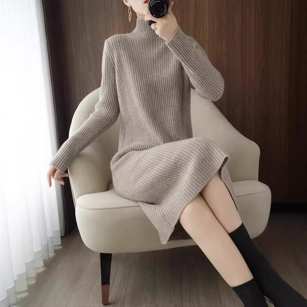 Women's Mid-Length Woolen Sweater Dress - Half-High Neck, Warm Knit Base Layer for Autumn & Winter