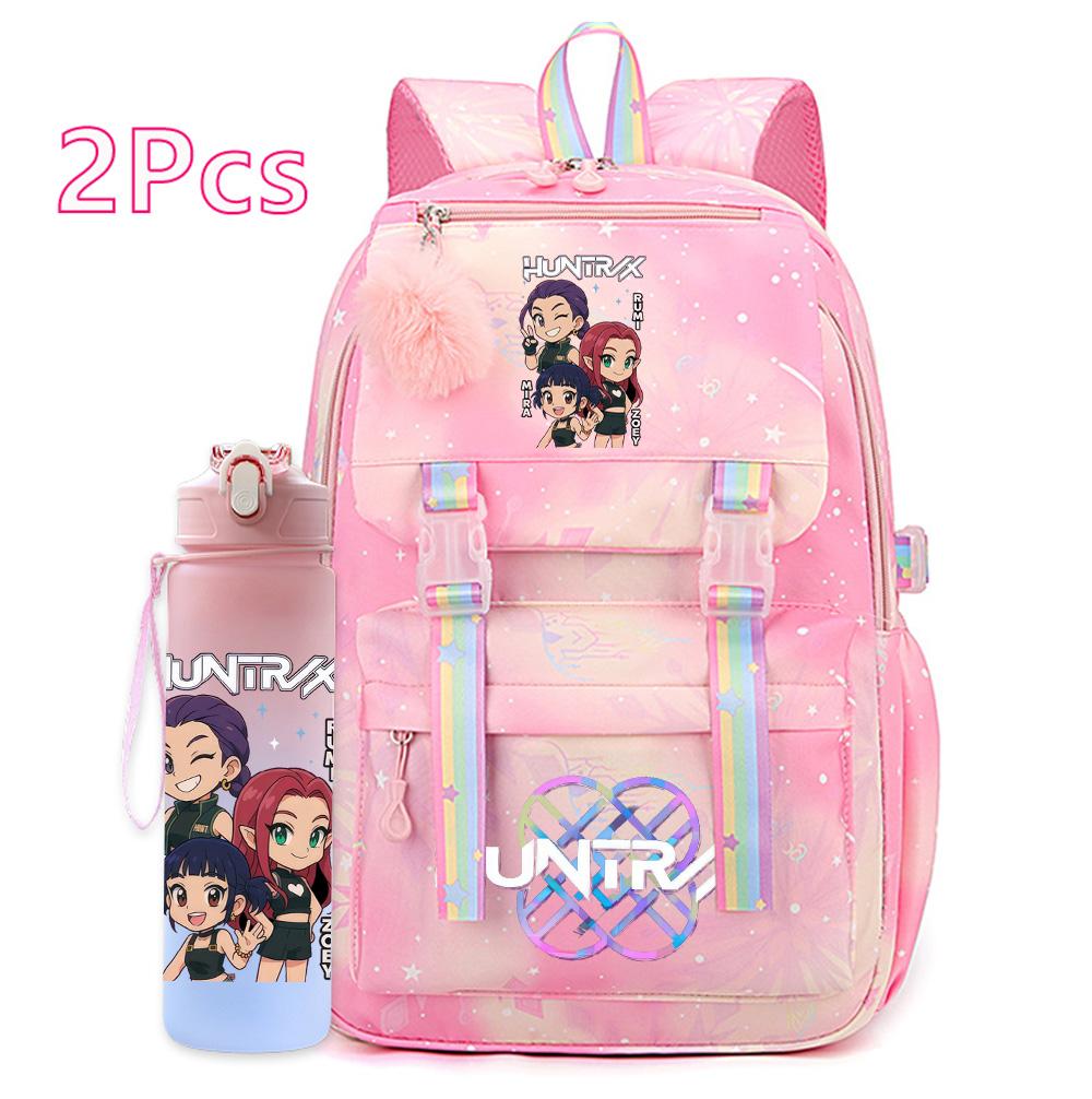 2Pcs/set Anime Cartoon Kpop Printed Backpack with 750Ml Water Bottler Large Capacity Travel Bag for Teenager Girl Boy Bookbag Kid Gift Rucksak