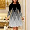 Women Long Sleeve Round Neck Midi Dress Abstract Geometric Floral Plum Blossom Stripe Dot Print Flared Dress