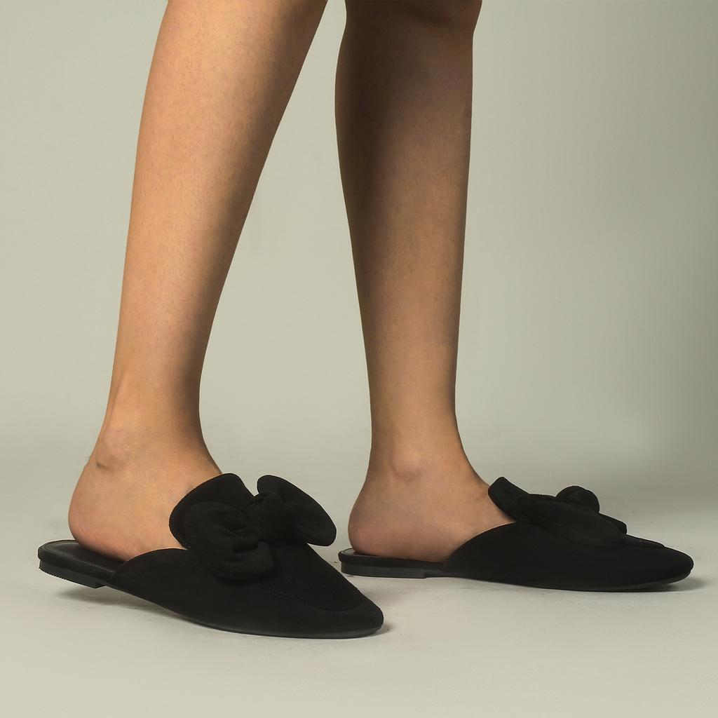 Low High Heel Slipper Women Bowknot Black Sandals Pointy Toe Sandals Dress Stiletto Shoes Dress Party Wedding Shoes