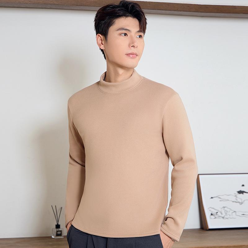 Unisex Slim Fit Knitted Half Turtleneck Shirt - Thick Velvet Lined for Autumn/Winter Warmth, Long Sleeve