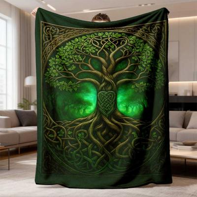 2026 New Arrival Flannel Blanket Celtic Life Tree Flannel Blanket Green & Black Intricate Knotwork Design, Fabric, AllSeason Use, Perfect for Bed, Sof