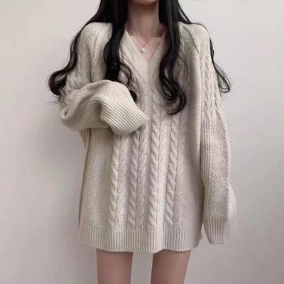 Autumn Winter Twist V Neck Loose Women Pullover Sweater Korean Fashion Casual Simple Office Medium Long Knitted Tops Elegant Retro Versatile Clothing