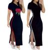 Women Dress Side Print Color Fit Round Matching Striped Slim Slit Rose Neck Short Sleeves Ankle Length