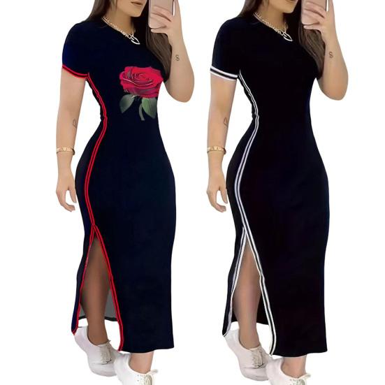 Women Dress Side Print Color Fit Round Matching Striped Slim Slit Rose Neck Short Sleeves Ankle Length