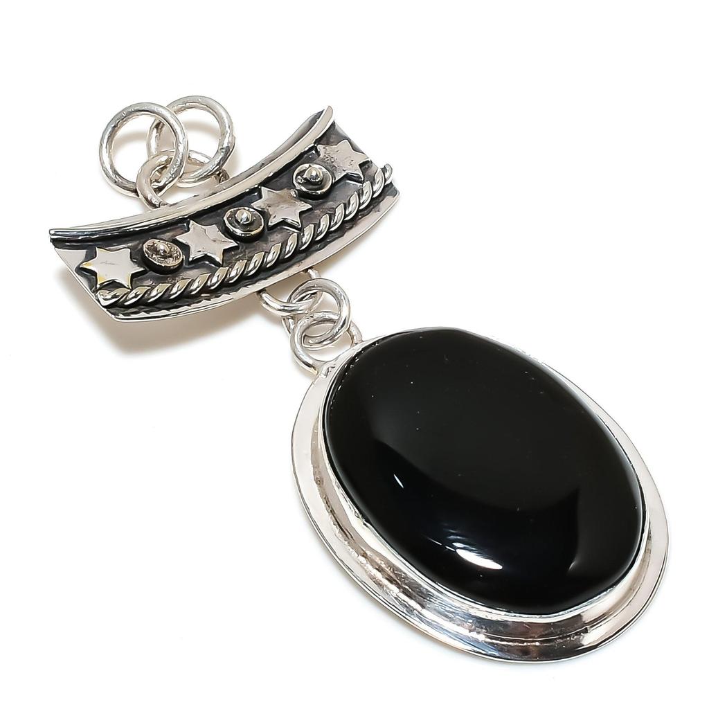 Natural Black Onyx Gemstone Silver Pendant In 925 Sterling Silver- Handmade Design, Everyday Wear Jewelry, Unique Black Onyx  Pendant Party Wear Gifts