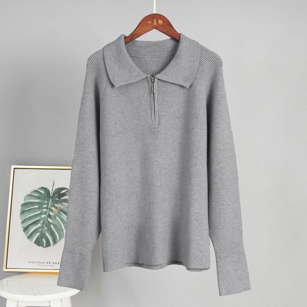 Fall Winter New Women's Casual Plain Polo Collar Pullover Knit Sweater European American Style Trendy Versatile Top