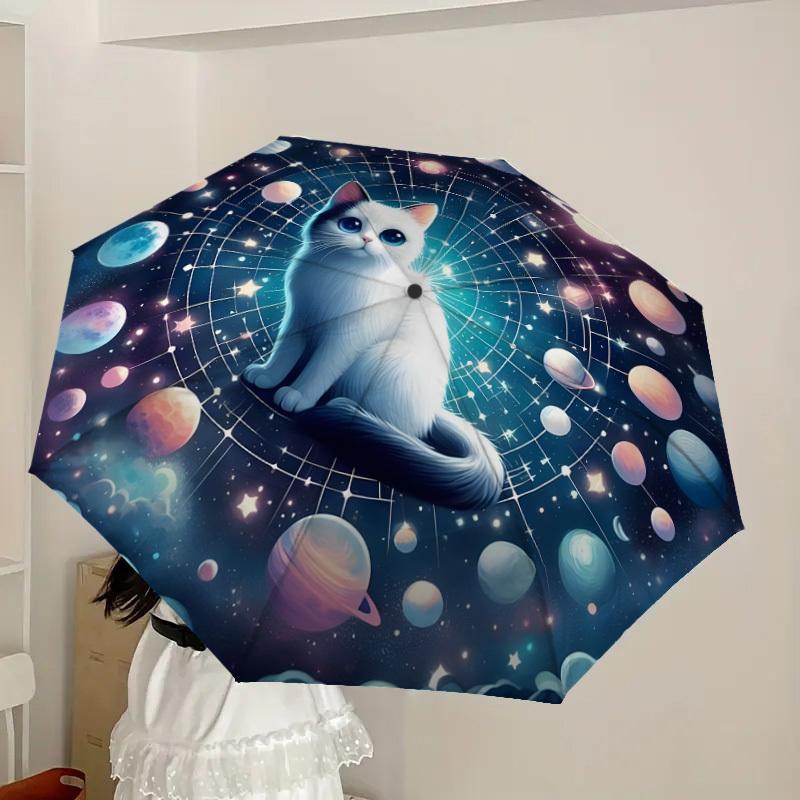 1pc Cosmic Cat Dreamscape Umbrella with Plastic Handle,Suitable for All Seasons Home Travel Outdoor UmbrellaDD1229