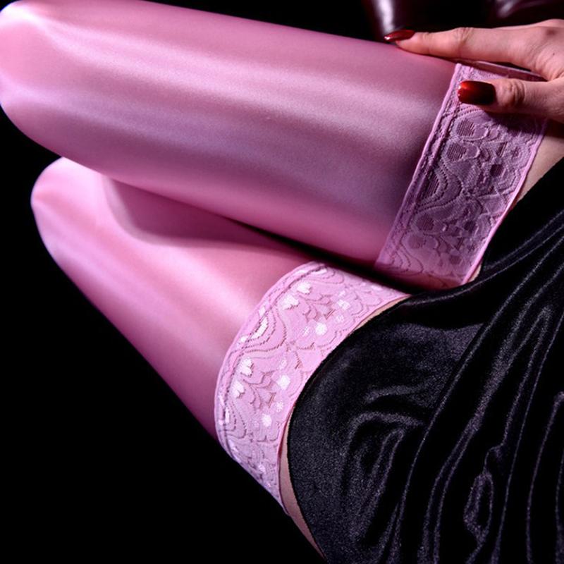 Sexy Spitze Satin Seidenglatte Oberschenkelhohe Strümpfe Glänzende Lange Socken