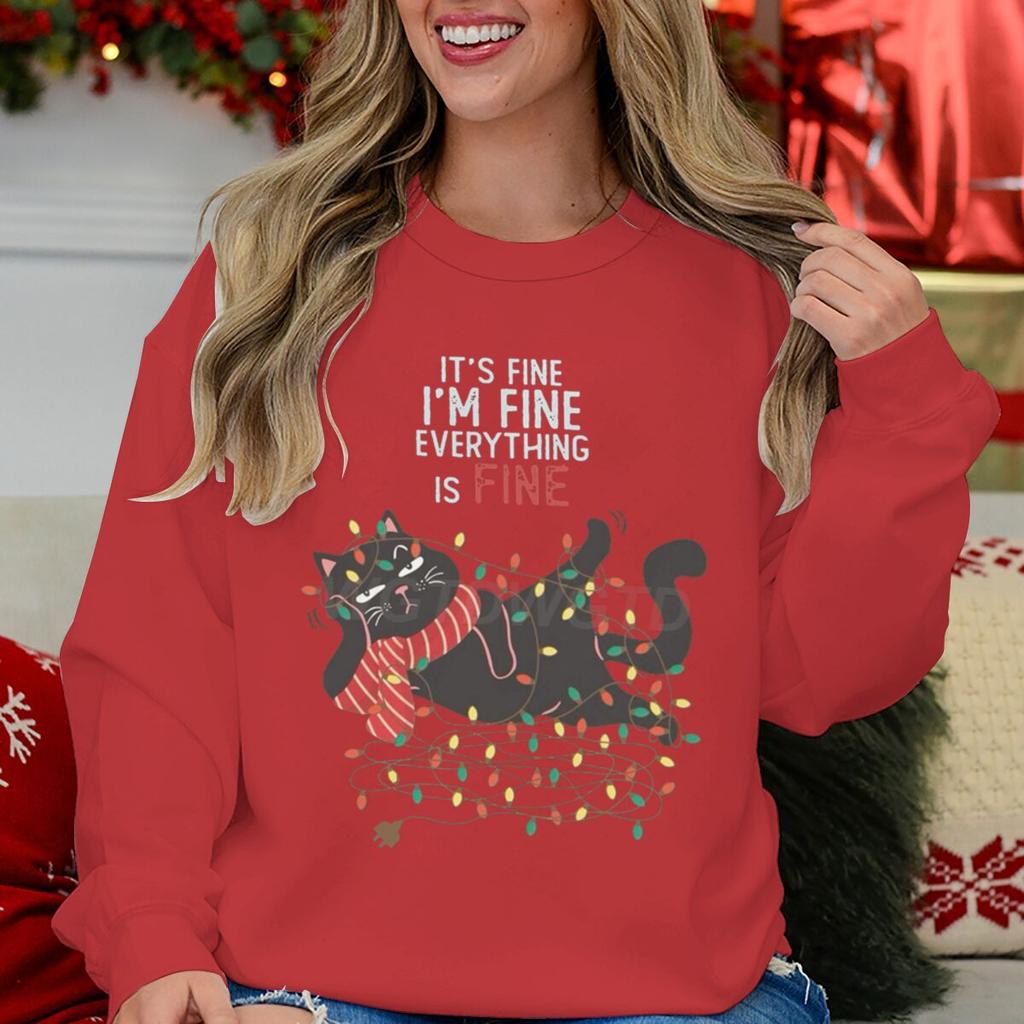 Weihnachtsgeschenke Outfits Oberteil Mir geht es gut Alles ist gut Grafikpullover Damen Fröhliche Weihnachten Katze Lichter Cartoon Sweatshirt