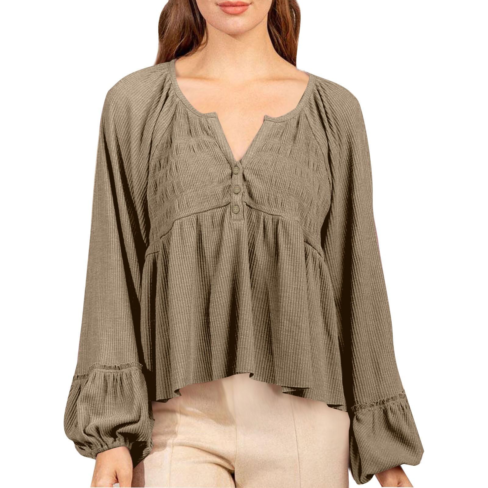 

Women s V Neck Long Sleeved Casual Style Loose Fitting Flesh Blocking Pleated Knitted Base Shirt Top XL хакі