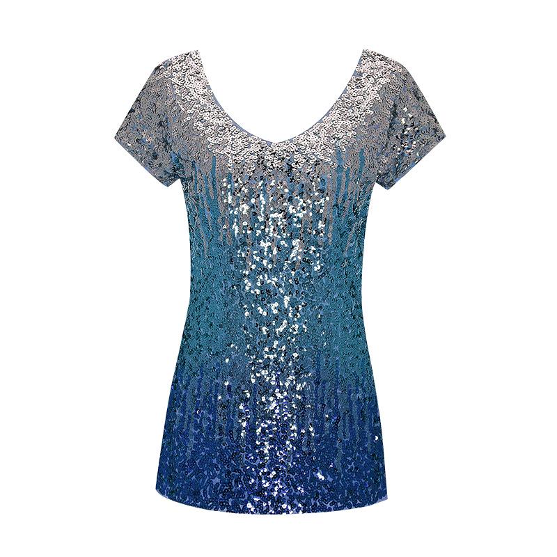 

Женский сексуальный топ с V-образным вырезом, облегающий, с градиентными пайетками и короткими рукавами для сценических выступлений M синий
