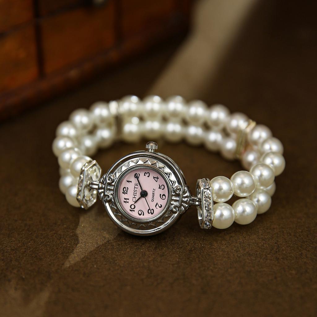 Vintage Double-row Pearl Elastic Strap Watch Kids Arabic Digital Dial Ladies Fashion Students Quartz Watches Girls Wristwatch