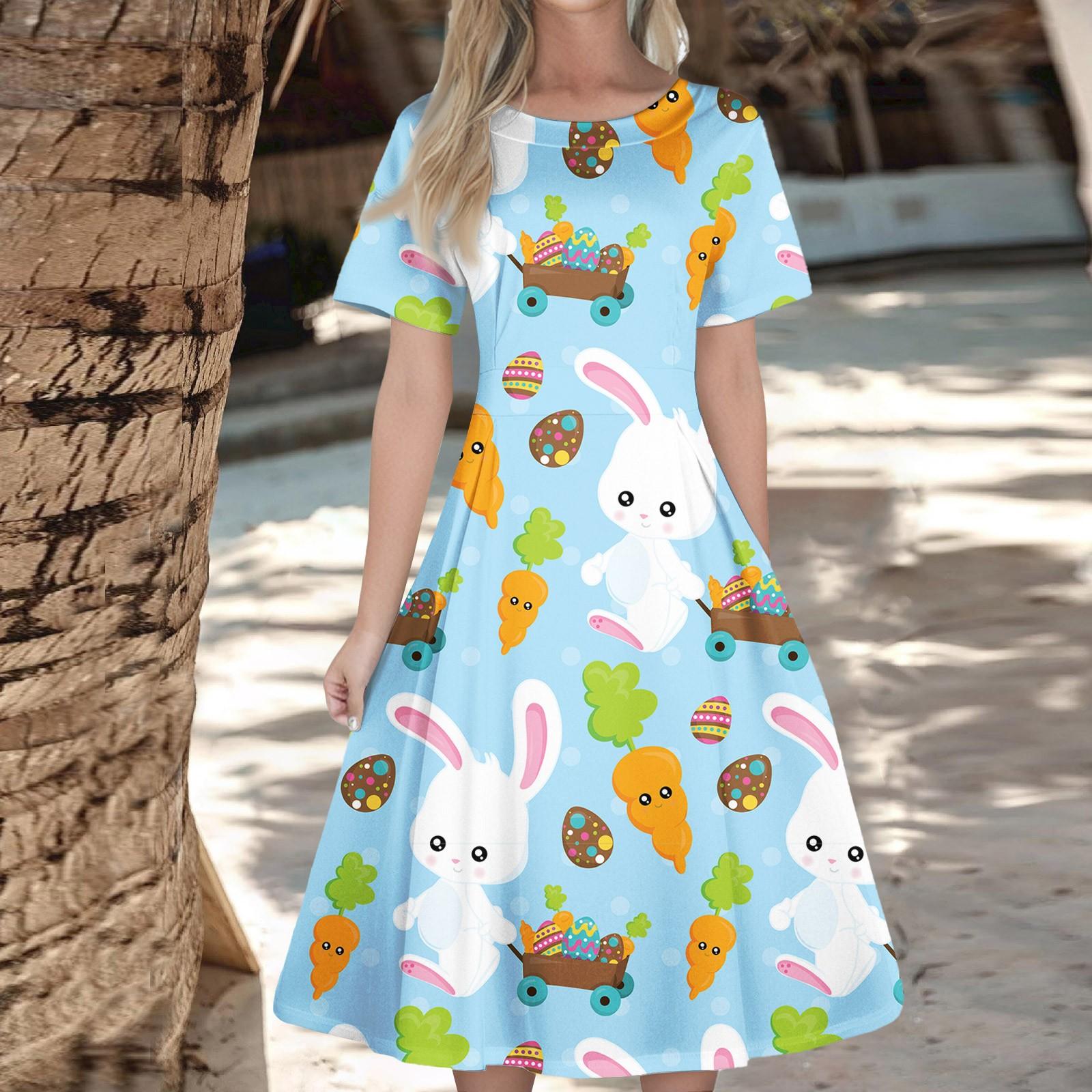 

Женское повседневное модное платье с пасхальным принтом, круглое платье с коротким рукавом и талией, средней длины (с молнией) L