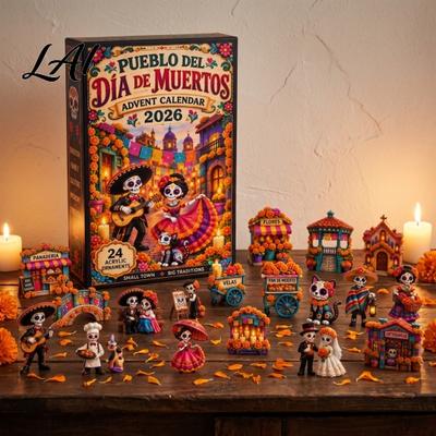 Holiday Decorative Display Day of The Dead Advent Calendar 24-Pack Acrylic 2D Ornament Miniature Village Collectible Set with Sugar Skull Designs,